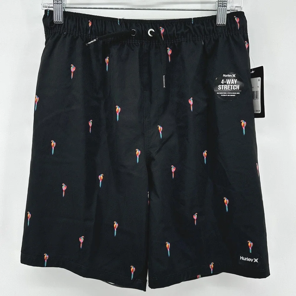 Hurley Boys XL Black Parrot Print 4-Way Stretch Board Shorts Swim Trunks 988232